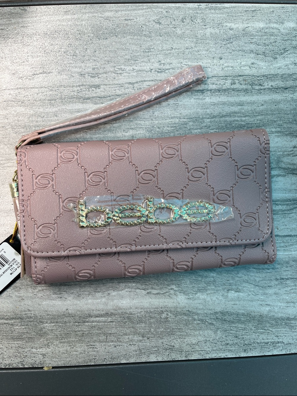 Bebe Mauve Embossed Wristlet Clutch with Gold-Tone Logo